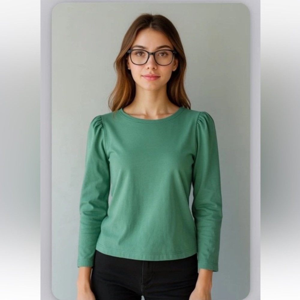 J Crew | 100% Cotton Green Puff-sleeve Button-Back Top | Size Small